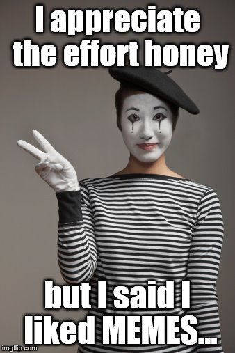 She didn't say anything when I told her... :) | I appreciate the effort honey; but I said I liked MEMES... | image tagged in memes,mimes,misunderstanding,mistake | made w/ Imgflip meme maker