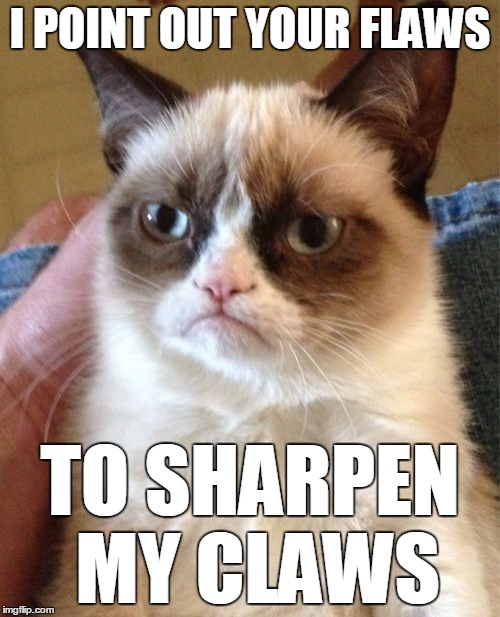 I don't do 'Constructive' Criticism | I POINT OUT YOUR FLAWS; TO SHARPEN MY CLAWS | image tagged in memes,grumpy cat | made w/ Imgflip meme maker