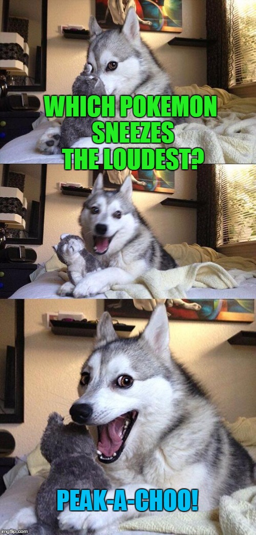 Bad Pun Dog Meme | WHICH POKEMON SNEEZES THE LOUDEST? PEAK-A-CHOO! | image tagged in memes,bad pun dog | made w/ Imgflip meme maker