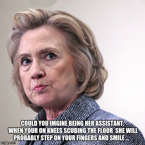 hillary clinton pissed | COULD YOU IMGINE BEING HER ASSISTANT, WHEN YOUR ON KNEES SCUBING THE FLOOR  SHE WILL PROBABLY STEP ON YOUR FINGERS AND SMILE ... | image tagged in hillary clinton pissed | made w/ Imgflip meme maker