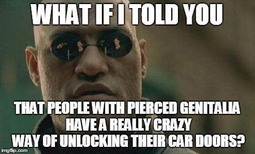 Matrix Morpheus Meme | WHAT IF I TOLD YOU THAT PEOPLE WITH PIERCED GENITALIA HAVE A REALLY CRAZY WAY OF UNLOCKING THEIR CAR DOORS? | image tagged in memes,matrix morpheus | made w/ Imgflip meme maker