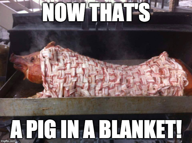 BBQ Level: Ultimate Carnivore  | NOW THAT'S; A PIG IN A BLANKET! | image tagged in bacon wrapped pig,pig,bacon,bbq,summer,murica | made w/ Imgflip meme maker