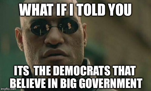 Matrix Morpheus Meme | WHAT IF I TOLD YOU ITS  THE DEMOCRATS THAT BELIEVE IN BIG GOVERNMENT | image tagged in memes,matrix morpheus | made w/ Imgflip meme maker