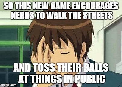 Kyon Face Palm | SO THIS NEW GAME ENCOURAGES NERDS TO WALK THE STREETS; AND TOSS THEIR BALLS AT THINGS IN PUBLIC | image tagged in memes,kyon face palm | made w/ Imgflip meme maker