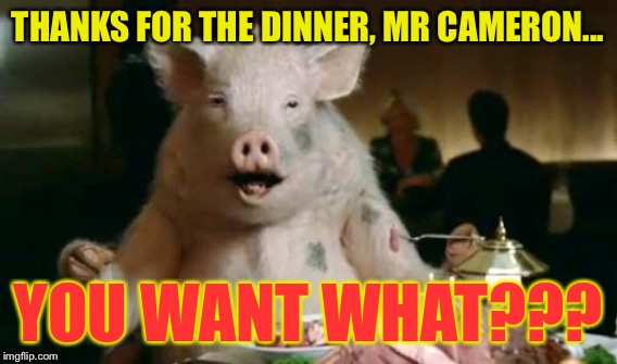 THANKS FOR THE DINNER, MR CAMERON... YOU WANT WHAT??? | made w/ Imgflip meme maker