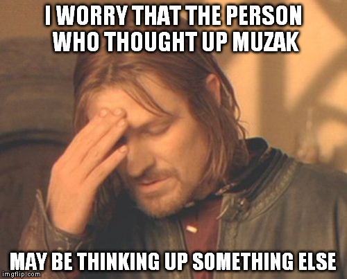 Frustrated Boromir Meme | I WORRY THAT THE PERSON WHO THOUGHT UP MUZAK; MAY BE THINKING UP SOMETHING ELSE | image tagged in memes,frustrated boromir | made w/ Imgflip meme maker
