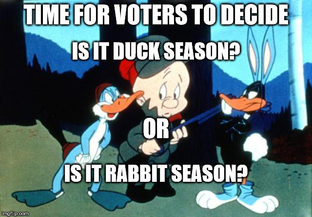 Duck season, Rabbit season | TIME FOR VOTERS TO DECIDE; IS IT DUCK SEASON? OR; IS IT RABBIT SEASON? | made w/ Imgflip meme maker