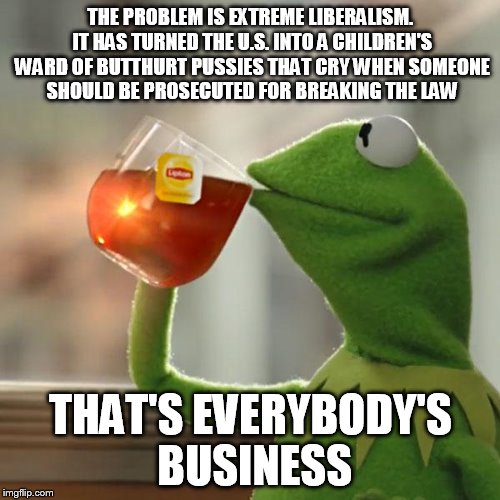 But That's None Of My Business Meme | THE PROBLEM IS EXTREME LIBERALISM. IT HAS TURNED THE U.S. INTO A CHILDREN'S WARD OF BUTTHURT PUSSIES THAT CRY WHEN SOMEONE SHOULD BE PROSECU | image tagged in memes,but thats none of my business,kermit the frog | made w/ Imgflip meme maker