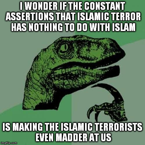 Philosoraptor Meme | I WONDER IF THE CONSTANT ASSERTIONS THAT ISLAMIC TERROR HAS NOTHING TO DO WITH ISLAM; IS MAKING THE ISLAMIC TERRORISTS EVEN MADDER AT US | image tagged in memes,philosoraptor | made w/ Imgflip meme maker