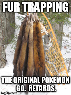 Trapping Pelts | FUR TRAPPING; THE ORIGINAL POKEMON GO.  RETARDS. | image tagged in trapping pelts | made w/ Imgflip meme maker