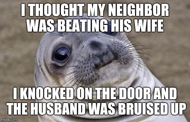 Awkward Moment Sealion Meme | I THOUGHT MY NEIGHBOR WAS BEATING HIS WIFE; I KNOCKED ON THE DOOR AND THE HUSBAND WAS BRUISED UP | image tagged in memes,awkward moment sealion | made w/ Imgflip meme maker