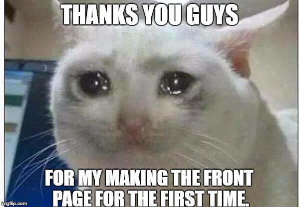 https://imgflip.com/i/17rj28 | THANKS YOU GUYS; FOR MY MAKING THE FRONT PAGE FOR THE FIRST TIME. | image tagged in memes,crying cat,front page | made w/ Imgflip meme maker