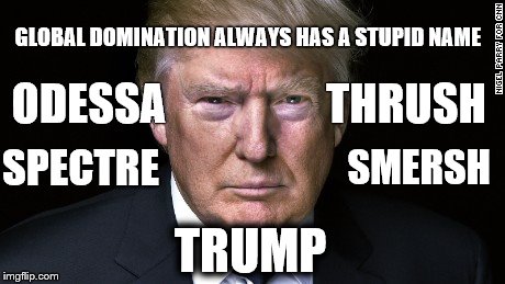 Donald trump | GLOBAL DOMINATION ALWAYS HAS A STUPID NAME; ODESSA                  THRUSH; SPECTRE; SMERSH; TRUMP | image tagged in donald trump | made w/ Imgflip meme maker