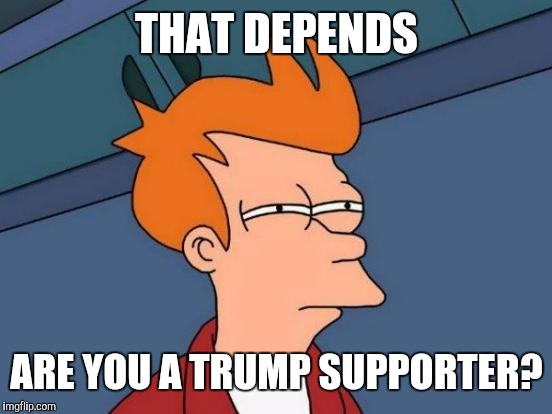 Futurama Fry Meme | THAT DEPENDS ARE YOU A TRUMP SUPPORTER? | image tagged in memes,futurama fry | made w/ Imgflip meme maker