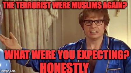 Austin Powers Honestly Meme | THE TERRORIST WERE MUSLIMS AGAIN? WHAT WERE YOU EXPECTING? HONESTLY | image tagged in memes,austin powers honestly | made w/ Imgflip meme maker