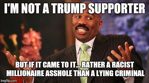 Steve Harvey Meme | I'M NOT A TRUMP SUPPORTER BUT IF IT CAME TO IT... RATHER A RACIST MILLIONAIRE ASSHOLE THAN A LYING CRIMINAL | image tagged in memes,steve harvey | made w/ Imgflip meme maker