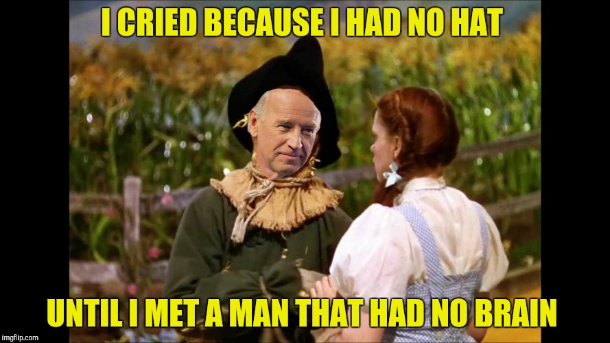 Helen Keller didn't say this, but I did  | I CRIED BECAUSE I HAD NO HAT; UNTIL I MET A MAN THAT HAD NO BRAIN | image tagged in joe biden,the wizard of oz,brain | made w/ Imgflip meme maker