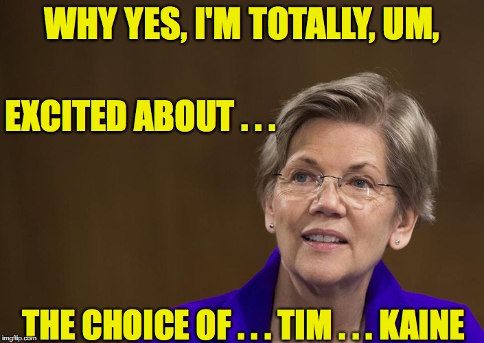 Elizabeth Warren |  WHY YES, I'M TOTALLY, UM, EXCITED ABOUT . . . THE CHOICE OF . . . TIM . . . KAINE | image tagged in elizabeth warren | made w/ Imgflip meme maker