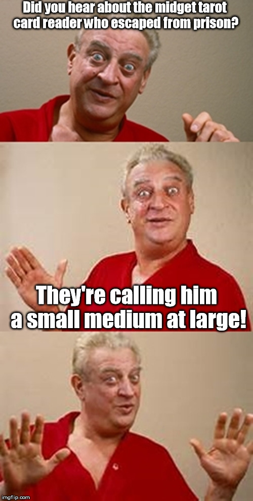He squeezed through the bars. | Did you hear about the midget tarot card reader who escaped from prison? They're calling him a small medium at large! | image tagged in bad pun dangerfield meme meme | made w/ Imgflip meme maker