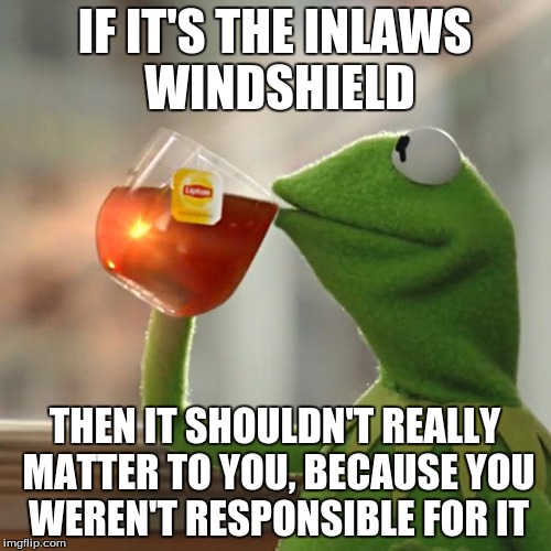 But That's None Of My Business Meme | IF IT'S THE INLAWS WINDSHIELD THEN IT SHOULDN'T REALLY MATTER TO YOU, BECAUSE YOU WEREN'T RESPONSIBLE FOR IT | image tagged in memes,but thats none of my business,kermit the frog | made w/ Imgflip meme maker