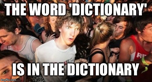 Sudden Clarity Clarence Meme | THE WORD 'DICTIONARY'; IS IN THE DICTIONARY | image tagged in memes,sudden clarity clarence,dictionary | made w/ Imgflip meme maker
