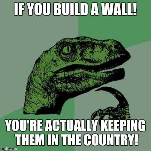 If you build it they will stay! | IF YOU BUILD A WALL! YOU'RE ACTUALLY KEEPING THEM IN THE COUNTRY! | image tagged in memes,philosoraptor | made w/ Imgflip meme maker