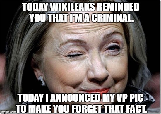 CunningClinton | TODAY WIKILEAKS REMINDED YOU THAT I'M A CRIMINAL. TODAY I ANNOUNCED MY VP PIC TO MAKE YOU FORGET THAT FACT. | image tagged in cunningclinton | made w/ Imgflip meme maker