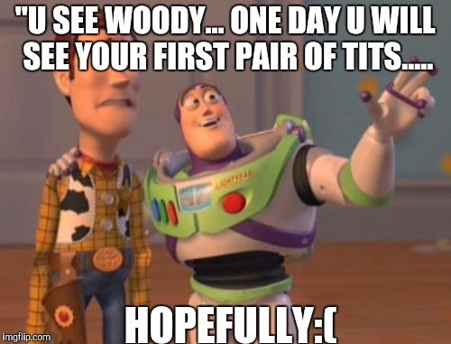 X, X Everywhere | "U SEE WOODY... ONE DAY U WILL SEE YOUR FIRST PAIR OF TITS..... HOPEFULLY:( | image tagged in memes,x x everywhere | made w/ Imgflip meme maker