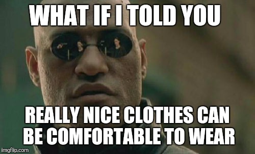 Modesty is attractive | WHAT IF I TOLD YOU; REALLY NICE CLOTHES CAN BE COMFORTABLE TO WEAR | image tagged in memes,matrix morpheus | made w/ Imgflip meme maker