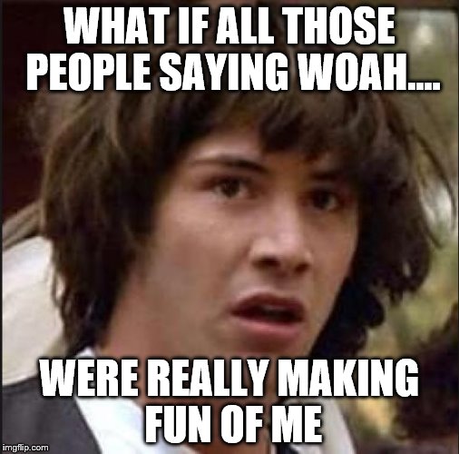 Keanu Reeves | WHAT IF ALL THOSE PEOPLE SAYING WOAH.... WERE REALLY MAKING FUN OF ME | image tagged in keanu reeves | made w/ Imgflip meme maker