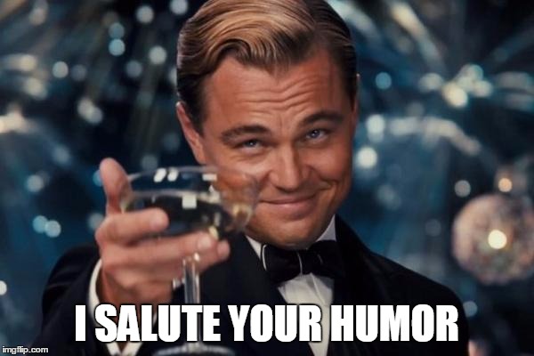 Leonardo Dicaprio Cheers Meme | I SALUTE YOUR HUMOR | image tagged in memes,leonardo dicaprio cheers | made w/ Imgflip meme maker