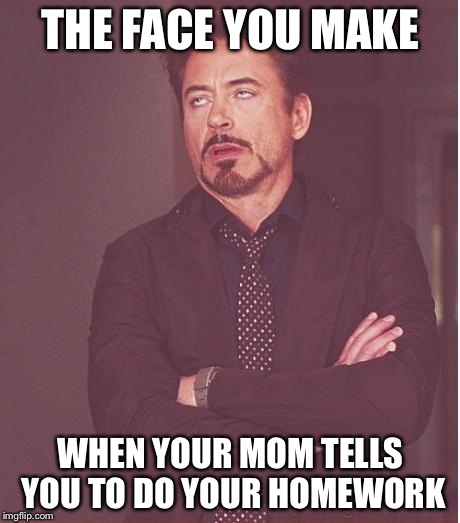 Face You Make Robert Downey Jr Meme | THE FACE YOU MAKE; WHEN YOUR MOM TELLS YOU TO DO YOUR HOMEWORK | image tagged in memes,face you make robert downey jr | made w/ Imgflip meme maker