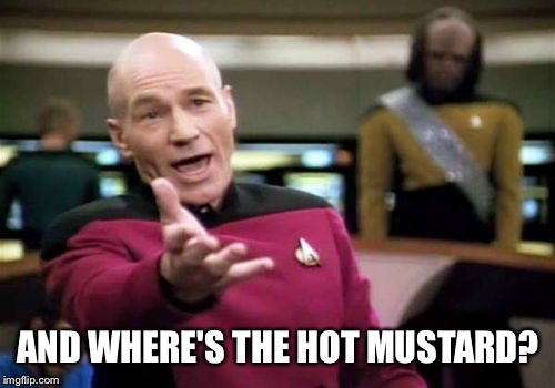 Picard Wtf Meme | AND WHERE'S THE HOT MUSTARD? | image tagged in memes,picard wtf | made w/ Imgflip meme maker