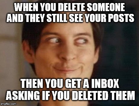 Spiderman Peter Parker | WHEN YOU DELETE SOMEONE AND THEY STILL SEE YOUR POSTS; THEN YOU GET A INBOX ASKING IF YOU DELETED THEM | image tagged in memes,spiderman peter parker | made w/ Imgflip meme maker