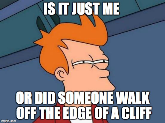 Futurama Fry | IS IT JUST ME; OR DID SOMEONE WALK OFF THE EDGE OF A CLIFF | image tagged in memes,futurama fry | made w/ Imgflip meme maker