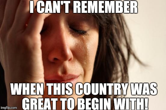First World Problems Meme | I CAN'T REMEMBER; WHEN THIS COUNTRY WAS GREAT TO BEGIN WITH! | image tagged in memes,first world problems | made w/ Imgflip meme maker
