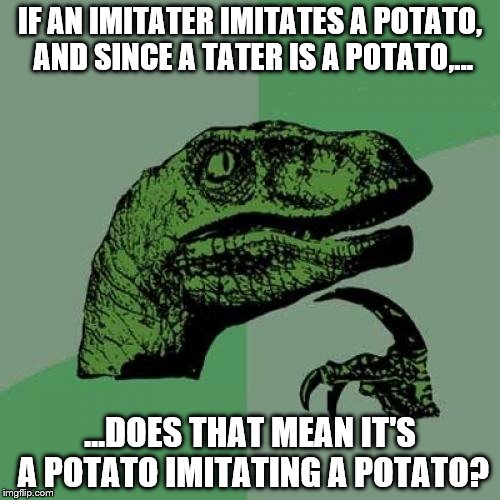 potato and potato | IF AN IMITATER IMITATES A POTATO, AND SINCE A TATER IS A POTATO,... ...DOES THAT MEAN IT'S A POTATO IMITATING A POTATO? | image tagged in philosoraptor,potato,imitater,tater | made w/ Imgflip meme maker