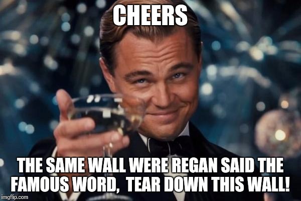 Leonardo Dicaprio Cheers Meme | CHEERS THE SAME WALL WERE REGAN SAID THE FAMOUS WORD,  TEAR DOWN THIS WALL! | image tagged in memes,leonardo dicaprio cheers | made w/ Imgflip meme maker