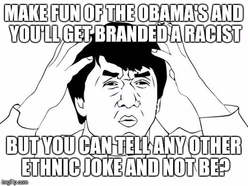 Jackie Chan WTF Meme | MAKE FUN OF THE OBAMA'S AND YOU'LL GET BRANDED A RACIST; BUT YOU CAN TELL ANY OTHER ETHNIC JOKE AND NOT BE? | image tagged in memes,jackie chan wtf | made w/ Imgflip meme maker