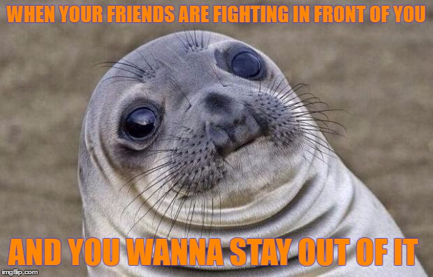 Awkward Moment Sealion | WHEN YOUR FRIENDS ARE FIGHTING IN FRONT OF YOU; AND YOU WANNA STAY OUT OF IT | image tagged in memes,awkward moment sealion | made w/ Imgflip meme maker