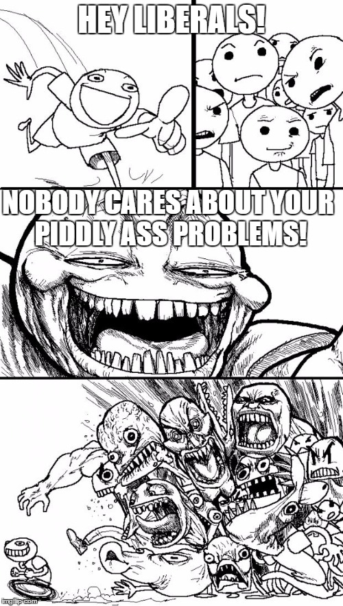 Hey Internet | HEY LIBERALS! NOBODY CARES ABOUT YOUR PIDDLY ASS PROBLEMS! | image tagged in memes,hey internet | made w/ Imgflip meme maker
