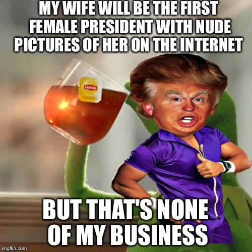 Even though I want to see Hillary burn in hell, I also do not want to see the First Lady as a porn picture on the Internet  | MY WIFE WILL BE THE FIRST FEMALE PRESIDENT WITH NUDE PICTURES OF HER ON THE INTERNET; BUT THAT'S NONE OF MY BUSINESS | image tagged in trump,meme,funny,t that's none of my business | made w/ Imgflip meme maker