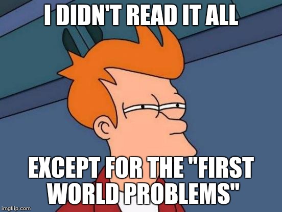 Futurama Fry Meme | I DIDN'T READ IT ALL EXCEPT FOR THE "FIRST WORLD PROBLEMS" | image tagged in memes,futurama fry | made w/ Imgflip meme maker