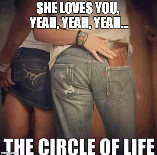 She Loved You, Yeah, Yeah, Yeah... | SHE LOVES YOU, YEAH, YEAH, YEAH... | image tagged in the beatles,vince vance,circle of life,girl lifting guy's wallet | made w/ Imgflip meme maker