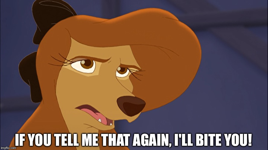 If You Tell Me That Again, I'll Bite You! | IF YOU TELL ME THAT AGAIN, I'LL BITE YOU! | image tagged in dixie bored,memes,disney,the fox and the hound 2,reba mcentire,dog | made w/ Imgflip meme maker