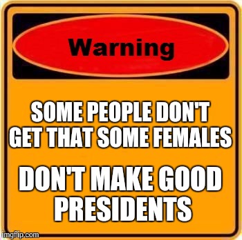 Warning Sign | SOME PEOPLE DON'T GET THAT SOME FEMALES; DON'T MAKE GOOD PRESIDENTS | image tagged in memes,warning sign | made w/ Imgflip meme maker
