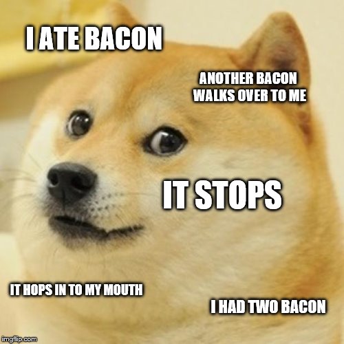 how many bacon did me eat | I ATE BACON; ANOTHER BACON WALKS OVER TO ME; IT STOPS; IT HOPS IN TO MY MOUTH; I HAD TWO BACON | image tagged in doge,bacon,i love bacon | made w/ Imgflip meme maker