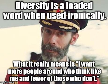 "I just want more of the same." | Diversity is a loaded word when used ironically. What it really means is "I want more people around who think like me and fewer of those who don't." | image tagged in captain obvious,memes,meme | made w/ Imgflip meme maker