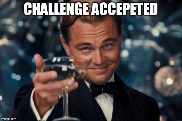 Leonardo Dicaprio Cheers Meme | CHALLENGE ACCEPETED | image tagged in memes,leonardo dicaprio cheers | made w/ Imgflip meme maker