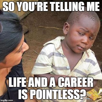 Third World Skeptical Kid | SO YOU'RE TELLING ME; LIFE AND A CAREER IS POINTLESS? | image tagged in memes,third world skeptical kid | made w/ Imgflip meme maker